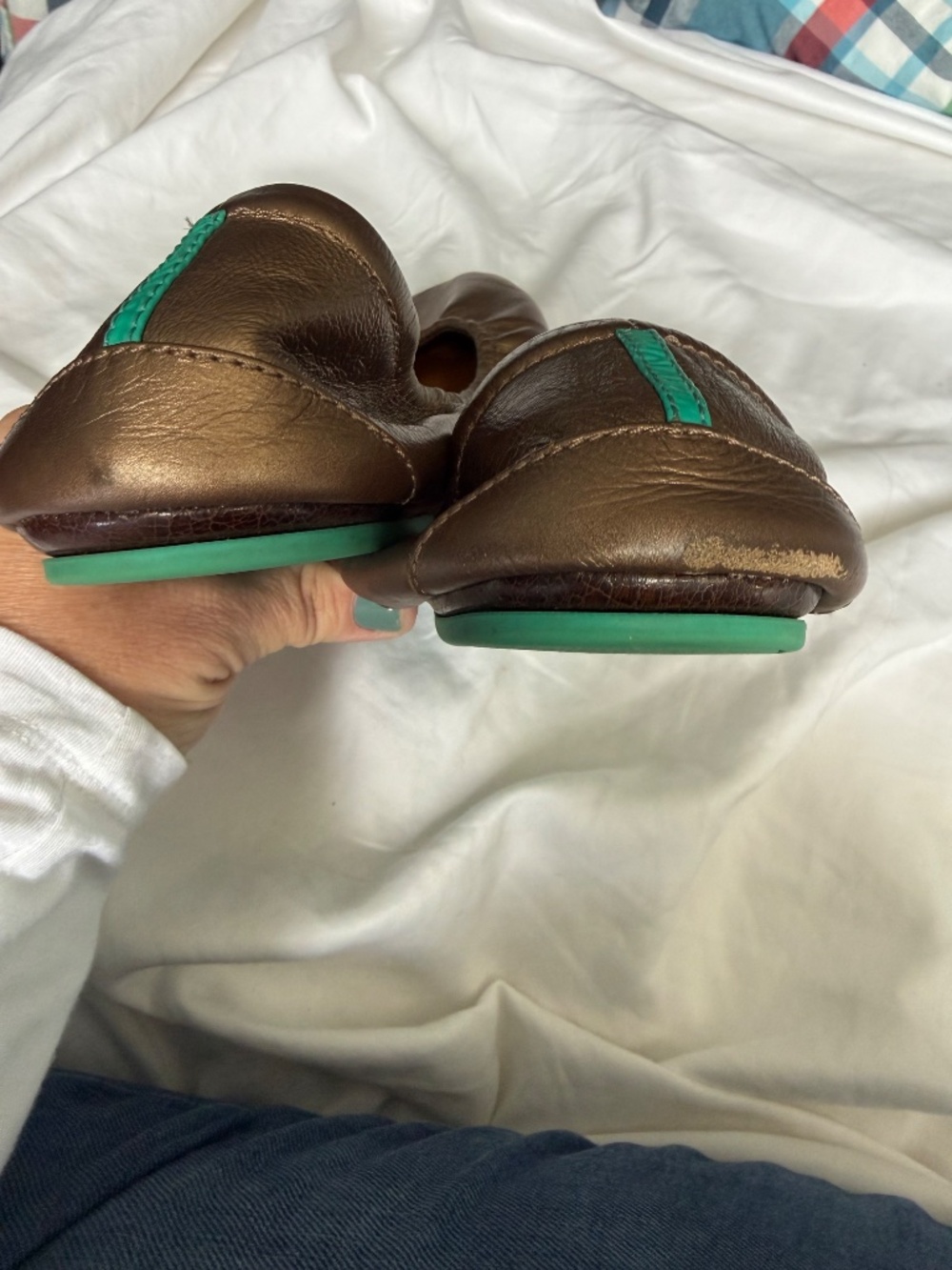 Tieks Bronze Leather Ballet Flats with Teal Tab - Picture 3 of 3